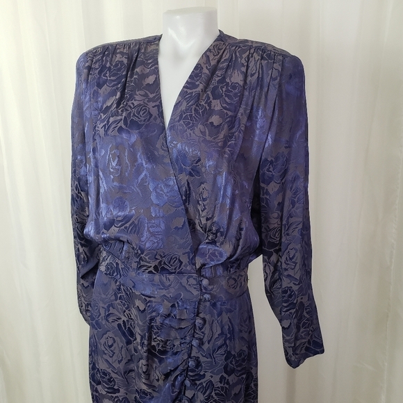Vintage B.B. Collections purple floral wrap dress covered button mermaid hem 12 - Picture 2 of 14